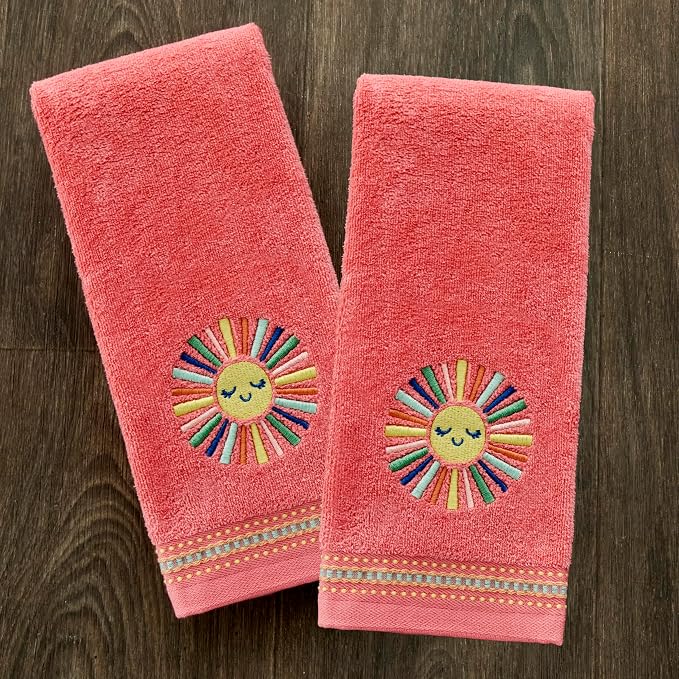 SKL Home Colorful Sun Hand Towel Set-2pc, 100% Cotton, Embroidered, Coral | Soft, decorative velour for summer fun & everyday decor. For use in the bathroom, kitchen or bar.