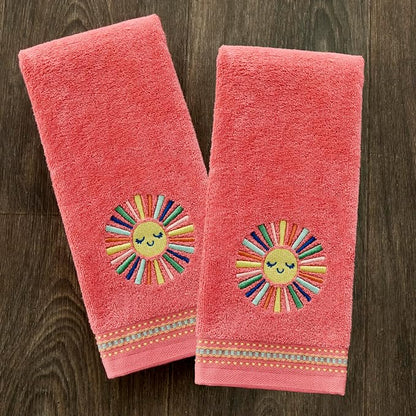 SKL Home Colorful Sun Hand Towel Set-2pc, 100% Cotton, Embroidered, Coral | Soft, decorative velour for summer fun & everyday decor. For use in the bathroom, kitchen or bar.