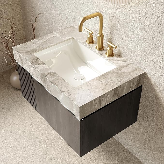 Ambrovina 30" Floating Bathroom Vanity with Sink, Modern Plywood Storage Cabinet with Drawer and Door, Gray Sintered Stone Countertop and 3 Pre-drilled Faucet Holes Ceramic Basin, Espresso Woodgrain