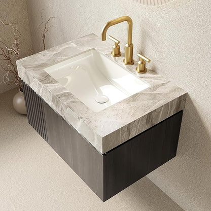 Ambrovina 30" Floating Bathroom Vanity with Sink, Modern Plywood Storage Cabinet with Drawer and Door, Gray Sintered Stone Countertop and 3 Pre-drilled Faucet Holes Ceramic Basin, Espresso Woodgrain