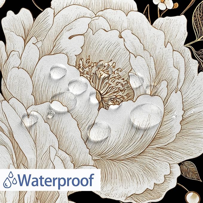 Black and Gold Shower Curtain, Dark Roses Leaves Botanical Aesthetic Boho Floral Shower Curtain for Bathroom with Hook, Vintage Rose Gold Flowers Fabric Unique Chic Shower Curtain Set with Hooks 72X78