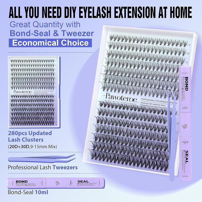 Lash Extension Kit DIY 280pcs Individual Lash Clusters Kit 20D&30D Natural 9-15mm Cluster Eyelash Extensions Kit with Lash Bond and Seal, Tweezers for Self Use (20D&30D, 0.07D, 9-15mm, Kit)