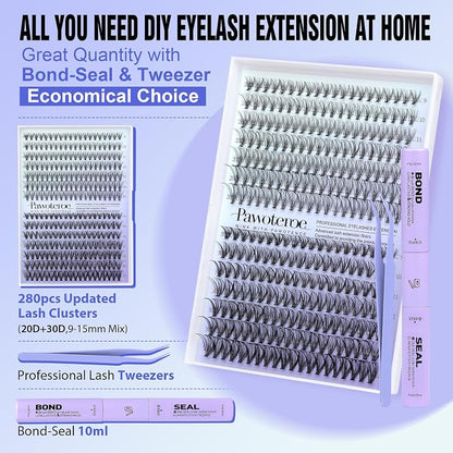 Lash Extension Kit DIY 280pcs Individual Lash Clusters Kit 20D&30D Natural 9-15mm Cluster Eyelash Extensions Kit with Lash Bond and Seal, Tweezers for Self Use (20D&30D, 0.07D, 9-15mm, Kit)