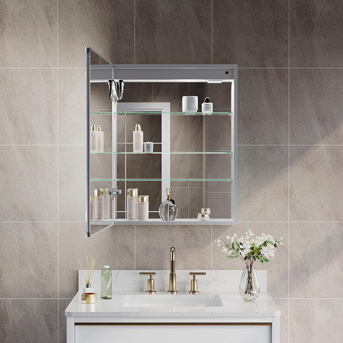 24"" X 30"" LED Medicine Cabinet with Mirror for Bathroom, Medicine Cabinet with Lights, Bathroom Mirror with Storage, Single Left Opening Doors, Dimmer, Defogger, Outlets & USB Ports, Glass