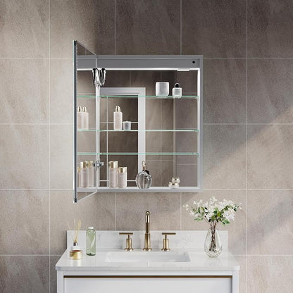 24"" X 30"" LED Medicine Cabinet with Mirror for Bathroom, Medicine Cabinet with Lights, Bathroom Mirror with Storage, Single Left Opening Doors, Dimmer, Defogger, Outlets & USB Ports, Glass