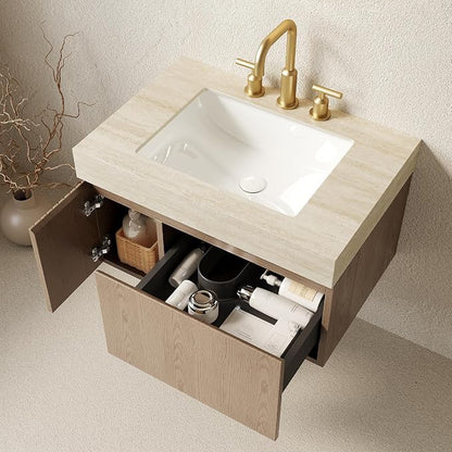 KEIKI 30 Inch Floating Bathroom Vanity with Sink, Light Brown & Beige | Modern Wall Mounted Storage Cabinet w/ Drawer & Door, Pre-assembled Wood Panels, Sintered Stone Top & Ceramic Basin Combo Set
