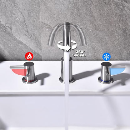 2 Handle Bathroom Faucet, 8 in Brushed Nickel Widespread Bathroom Sink Faucet with Pop Up Drain and Supply Lines, Stainless Steel 3 Hole Bathroom Faucet for Vanity