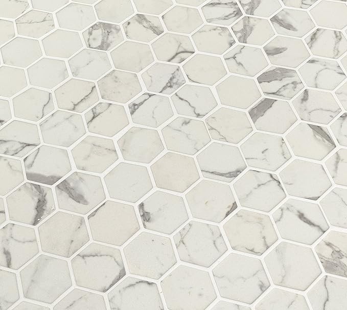 MSI Statuario Celano Hexagon Glass Tile for Kitchen Backsplash, Wall Tile for Bathroom, Accent Wall Tile, and Shower Wall Tile, 12.75 in. x 11.02 in. Mesh-Mounted Mosaic Tile, White