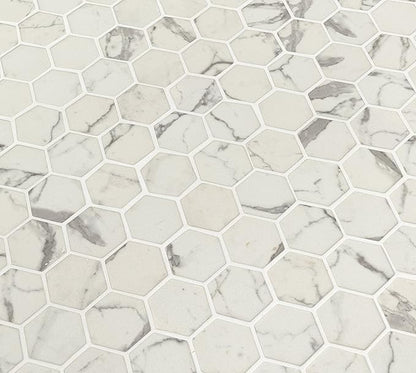 MSI Statuario Celano Hexagon Glass Tile for Kitchen Backsplash, Wall Tile for Bathroom, Accent Wall Tile, and Shower Wall Tile, 12.75 in. x 11.02 in. Mesh-Mounted Mosaic Tile, White