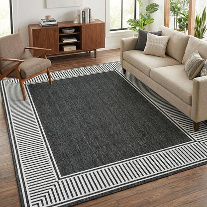 Garvee Modern Bordered Neutral Rugs for Living Room 8x10 Washable Rug Black | Large Non Slip Low Pile Soft Carpet Foldable Non-Shedding Woven Printed Floor Cover for Bedroom Playroom Nursery Office Dorm