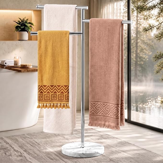KES 40" Freestanding Towel Rack with 10.2lb Marble Base, Polished Finish | Polished Finish, Swivel Bars For Airflow, Anti-Slip Pad Protects Floors, No-Wall-Damage, Modern Style