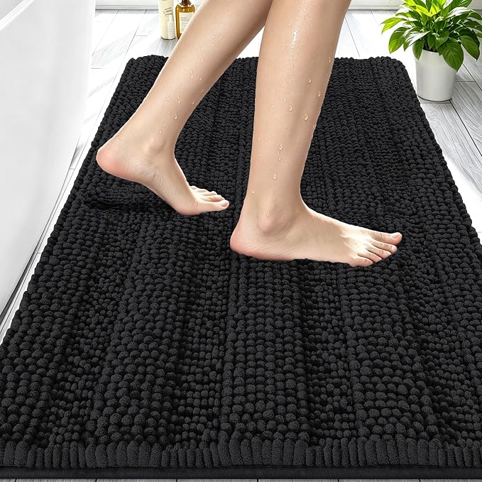 Smiry Thick Chenille Bathroom Rugs 30x20, Soft Absorbent Bath Mat, Black | Quick‑Dry & Machine Washable, Non‑Slip Bath Carpet, Striped Bath Rugs for Tub & Shower, Modern Home Decor Accessories