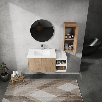 SSLine 42-Inch Single Bathroom Vanity Modern Wall Mounted Bathroom Vanity with Sink 42" Small Floating Bathroom Vanities Set with White Open Storage Shelf & 1 Side Cabinet,Brown White