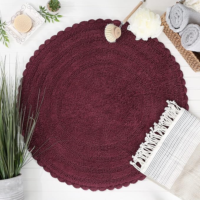DII Crochet Collection Reversible Bath Mat, Round, 27.5" Diameter, Wine