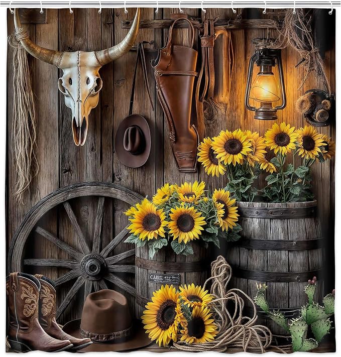 Farmhouse Western Shower Curtain, Rustic Country Cowboy Barn Door Bath Curtain Set, Brown Southwest Cowboys Boots Hat Bull Sunflowers Bathroom Decor Accessories with Hooks 70X70IN