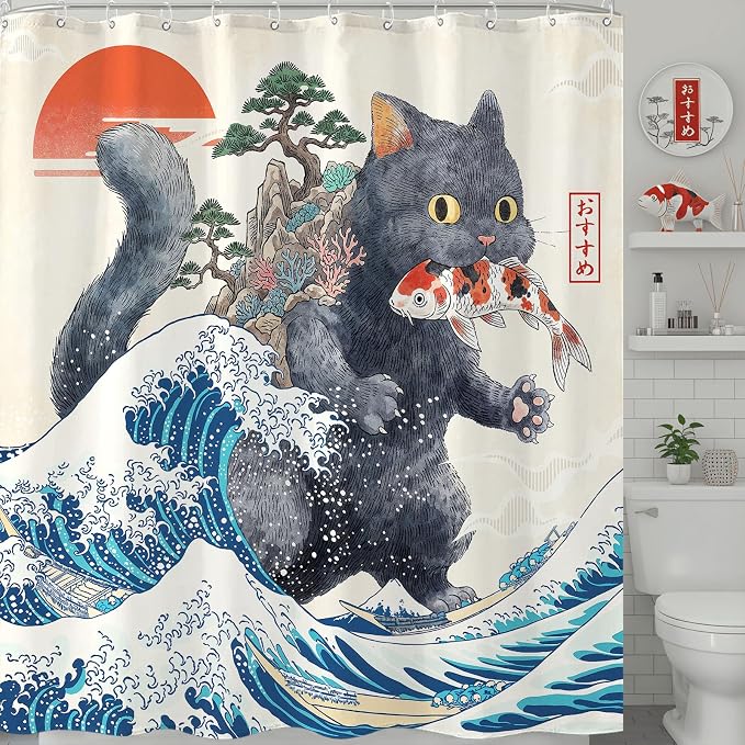 Accnicc Funny Cat Monster Shower Curtain for Bathroom 72 X 72 Inch | Fun Cool Black Cat Shower Curtains, Japanese Ocean Wave Kids Bath Curtain Decor, Water-Resistant Washable Polyester Fabric