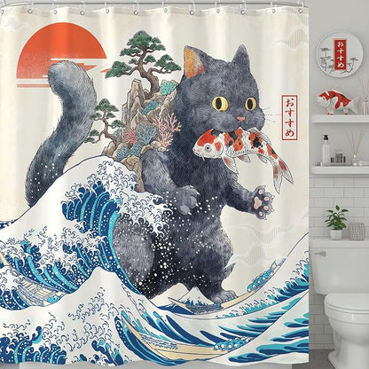 Accnicc Funny Cat Monster Shower Curtain for Bathroom 72 X 72 Inch | Fun Cool Black Cat Shower Curtains, Japanese Ocean Wave Kids Bath Curtain Decor, Water-Resistant Washable Polyester Fabric