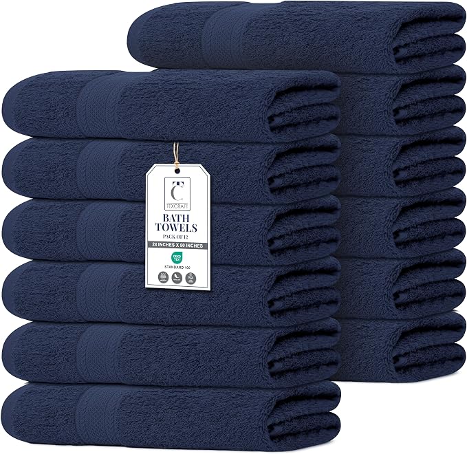 Commercial Bulk Pack of 12 Large Bath Towels – 100% Cotton Terry 24" x 50" – Ideal for Hotels, Salons, Gyms, Spas & Institutional Use – Navy Blue