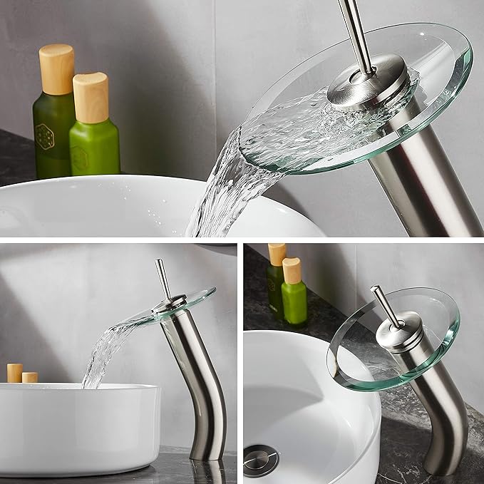 Waterfall Bathroom Faucet Glass Single Handle Solid Brass Basin Lavatory Vessel Sink Vanity Faucet,Tall,Brushed Nickel