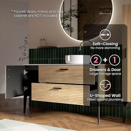 48 Inch Bathroom Vanity with Sink, Modern Striped Bathroom Cabinet with Engineered Stone Top, Soft-Closing Drawers, 1 Door, Large Storage for Small Bathroom, Natural Oak, Cypress Collection