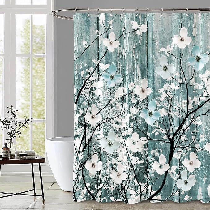 Rustic Shower Curtain Set Blue Watercolor Flower Bath Curtain 12 Hooks Country Farm Style Fabric Wooden Background Waterproof Shower Curtains 72×72 Inches