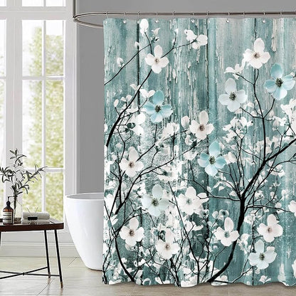 Rustic Shower Curtain Set Blue Watercolor Flower Bath Curtain 12 Hooks Country Farm Style Fabric Wooden Background Waterproof Shower Curtains 72×72 Inches