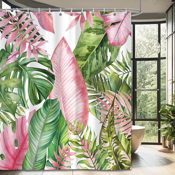 Botanical Shower Curtain Tropical Green Pink Leaves Watercolor Bathroom Curtain with Hooks, Waterproof Fabric 72 x 72 Inch