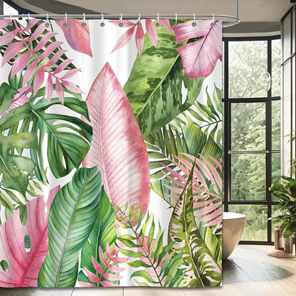 Botanical Shower Curtain Tropical Green Pink Leaves Watercolor Bathroom Curtain with Hooks, Waterproof Fabric 72 x 72 Inch