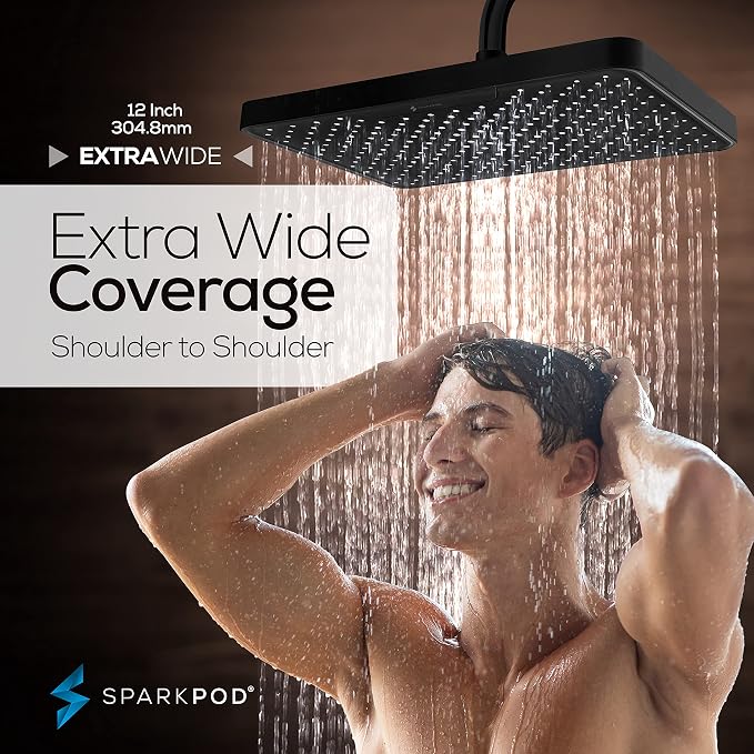 SparkPod 12 Inch Black Rain Shower Head - Ceiling or Wall Mount Rainfall Shower Head - Large Coverage Showerhead - Brass Ball Joint with 360° Adjustment - 1-Min Install (Midnight Black Matte)