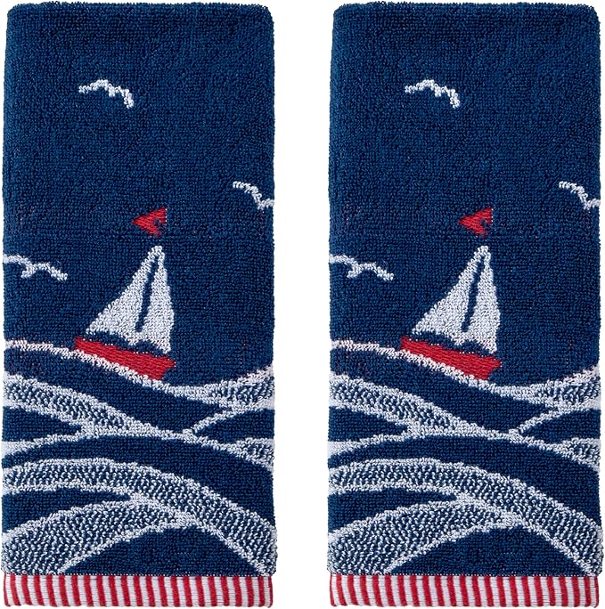 SKL Home Nautical Sailboat Waves Hand Towel Set-2pc, 100% Cotton, Navy | Plush, absorbent & reversible. Great for everyday & coastal/beach décor in the bathroom, kitchen, bar or any sink space.