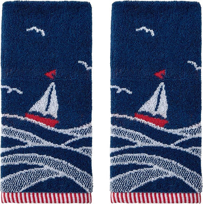 SKL Home Nautical Sailboat Waves Hand Towel Set-2pc, 100% Cotton, Navy | Plush, absorbent & reversible. Great for everyday & coastal/beach décor in the bathroom, kitchen, bar or any sink space.