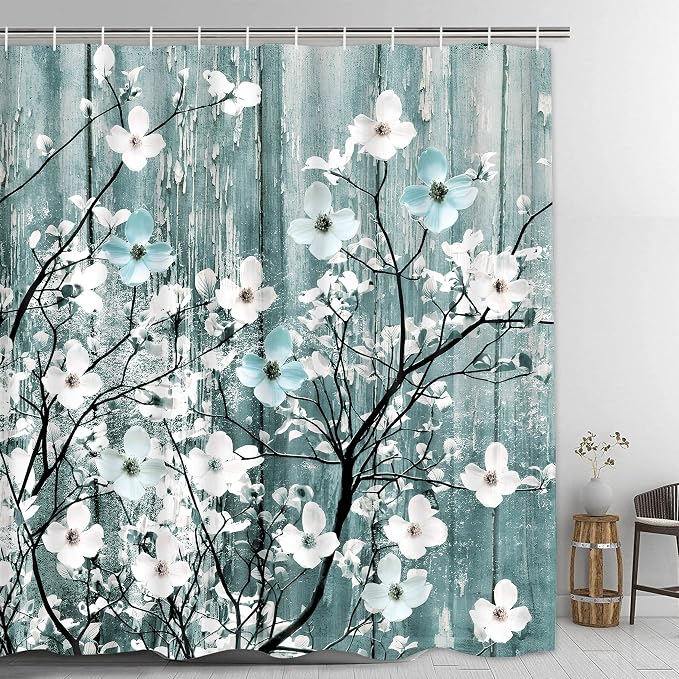 Rustic Shower Curtain Set Blue Watercolor Flower Bath Curtain 12 Hooks Country Farm Style Fabric Wooden Background Waterproof Shower Curtains 72×72 Inches