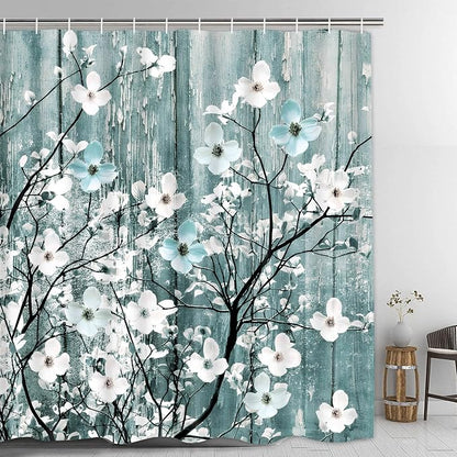 Rustic Shower Curtain Set Blue Watercolor Flower Bath Curtain 12 Hooks Country Farm Style Fabric Wooden Background Waterproof Shower Curtains 72×72 Inches