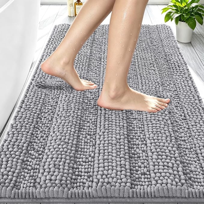 Smiry Thick Chenille Bathroom Rugs 30x20, Soft Absorbent Bath Mat, Grey | Quick‑Dry & Machine Washable, Non‑Slip Bath Carpet, Striped Bath Rugs for Tub & Shower, Modern Home Decor Accessories
