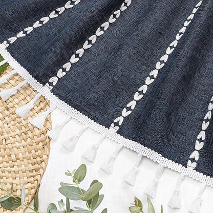 Boho Farmhouse Tassel Linen Shower Curtain,3D Embroidery Stripe Navy,72x78 | Long Tall,310GSM Linen Texture Heavy Duty Cloth,Water Repellent,Wrinkle Resistant,Vintage Rustic Country design