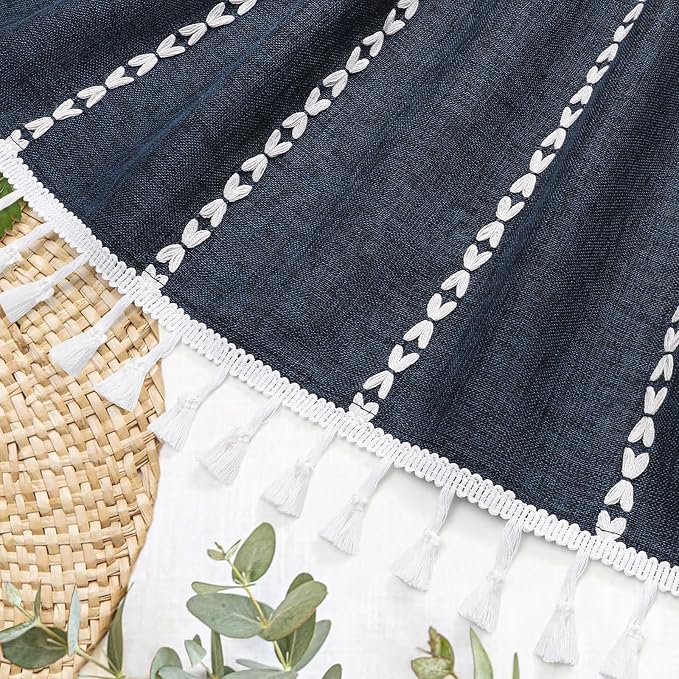 Boho Farmhouse Tassel Linen Shower Curtain,3D Embroidery Stripe Navy,72x72 | 310GSM Linen Texture Heavy Duty Cloth,Water Repellent,Wrinkle Resistant,Vintage Rustic Country design
