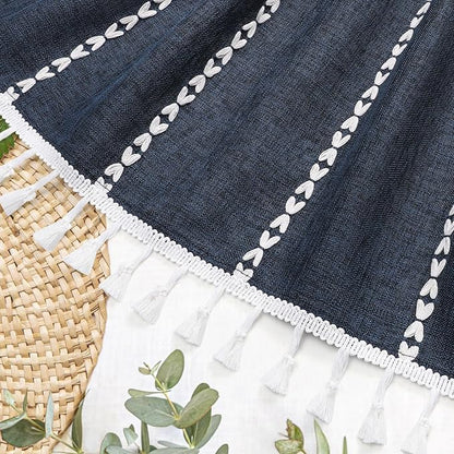 Boho Farmhouse Tassel Linen Shower Curtain,3D Embroidery Stripe Navy,72x72 | 310GSM Linen Texture Heavy Duty Cloth,Water Repellent,Wrinkle Resistant,Vintage Rustic Country design