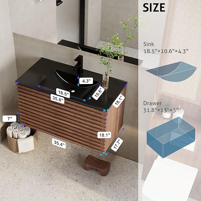 eclife 36" Floating Bathroom Vanity with Sink Combo, Mid-Century Wall Mounted Cabinet with Wood Stripes Decor, Drawers, Undermount Single Black Sink, Faucet, Drain, Cocoa Brown