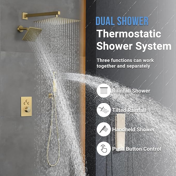 Thermostatic Dual Shower System, Rain Shower Faucet, Brushed Gold | 12 Inch Shower Head, 6 Inch Wall Mount Head, High Pressure Handheld Sprayer, Push Button Valve