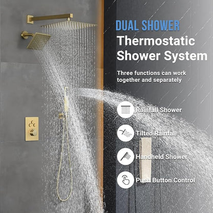 Thermostatic Dual Shower System, Rain Shower Faucet, Brushed Gold | 12 Inch Shower Head, 6 Inch Wall Mount Head, High Pressure Handheld Sprayer, Push Button Valve
