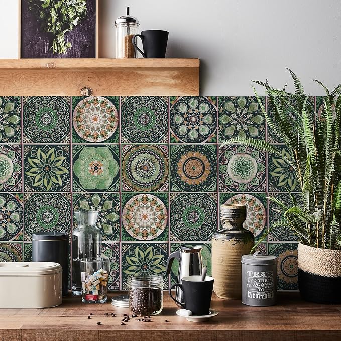 Easy Peel Stick Vinyl wall Tile Decals 6x6in Stick on backsplash,12Pc | Waterproof&heat resistant tile stickers for kitchen RV laundry backsplash decor,remove no damaging,green mandala pattern
