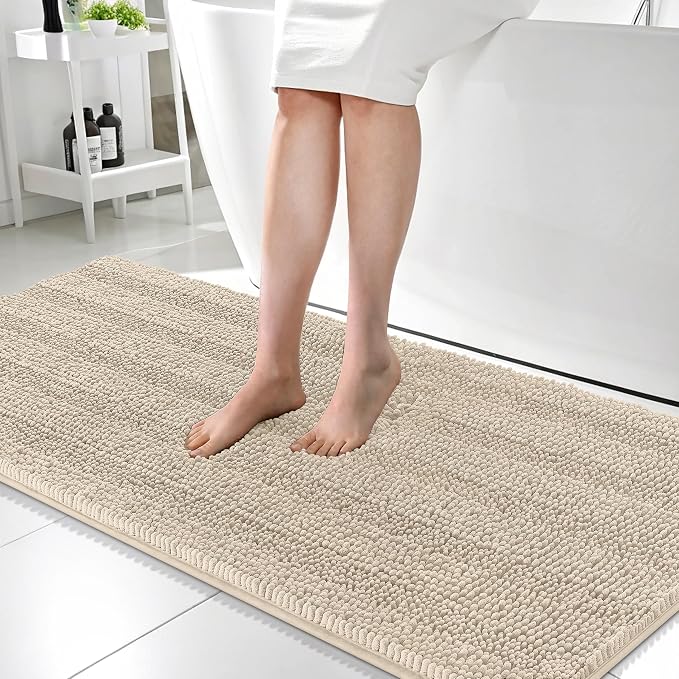 OLANLY Thick Bathroom Runner Rugs 59x24, Soft Chenille Long Bath Rugs, Sand | Absorbent Striped, Rubber Backing, Machine Wash, Bath Mats for Bathroom Floor, Tub and Shower, Home Decor Accessories