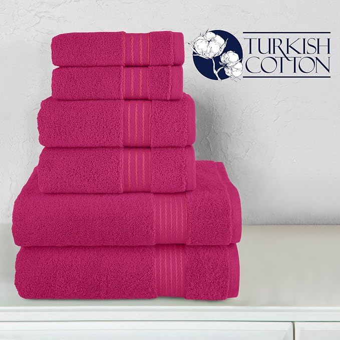 Elegant Comfort Premium Cotton 6-Piece Towel Set, Includes 2 Washcloths, 2 Hand Towels and 2 Bath Towels, 100% Turkish Cotton - Highly Absorbent and Super Soft Towels for Bathroom, Hot Pink