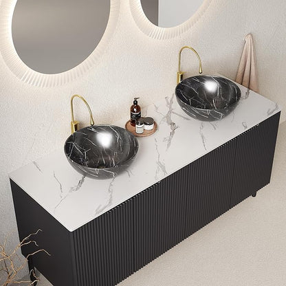 Ambrovina 60" Bathroom Vanity with Double Sink, Freestanding Bathroom Storage Cabinet with 4 Soft-Closing Doors, 2 Black Bowl Ceramic Basins and Carrara White Sintered Stone Countertop, Gloss Black
