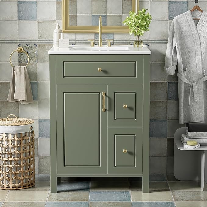 Favfurish 24" Bathroom Vanity with Ceramic Sink,Free Standing Single Basin Vanity w/Soft Close Door and Soft Closing Drawers,Wooden Bath Cabinet with Double Storage Racks on The Door,Green
