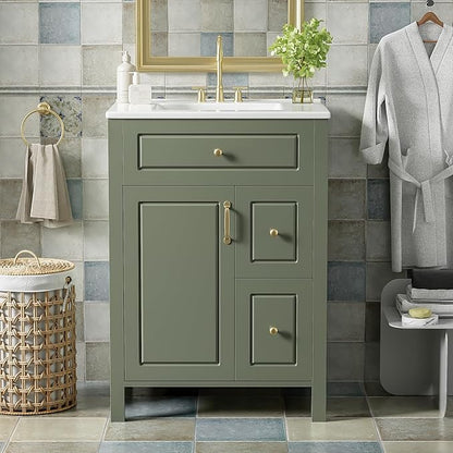 Favfurish 24" Bathroom Vanity with Ceramic Sink,Free Standing Single Basin Vanity w/Soft Close Door and Soft Closing Drawers,Wooden Bath Cabinet with Double Storage Racks on The Door,Green