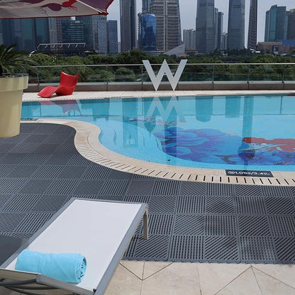 9 Pack Modular Interlocking Outdoor Shower Mat with Drain Holes for Bathroom, Shower, Laundry Room, Basement, Boat, 12" x 12" Dark Gray