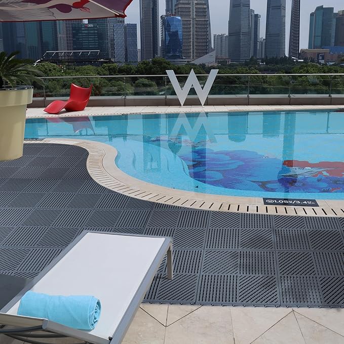 18 Pack Interlocking Drainage Tiles Double Non-Slip Tiles Mat with Drain Holes for Pool, Bathroom, Shower, Pantry, Patio, Boat, Pet Area, 12"×12" Dark Gray