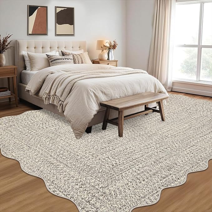 Imitation Braided Collection-Print Scalloped Washable Rugs 8x10 Area Rug for Living Room Soft Bedroom Rug Farmhouse Large Rug Non Slip Stain Resistant Carpet for Nursery Dining Room 8'x10'