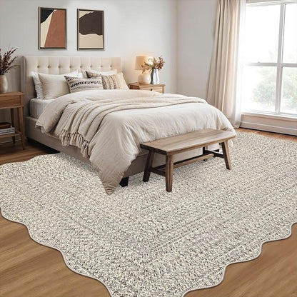 Imitation Braided Collection-Print Scalloped Washable Rugs 8x10 Area Rug for Living Room Soft Bedroom Rug Farmhouse Large Rug Non Slip Stain Resistant Carpet for Nursery Dining Room 8'x10'